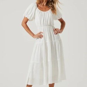 ASTR The Label White Puff Sleeve Tiered Midi Dress Size S